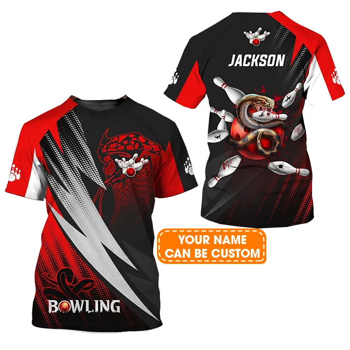 Bowling Custom Name T Shirt, Strike Bloody Snake Bowling Ball On Fire Personalized Name T-Shirt For Men, Gift For Bowling Lovers, Bowlers, Team - Image 2
