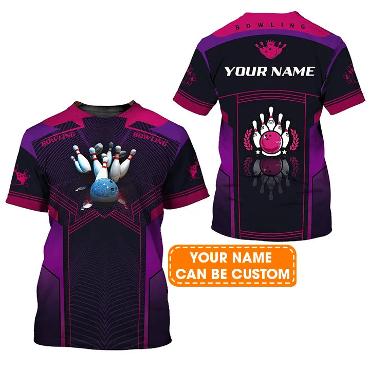 Bowling Custom Name T Shirt, The Blue Bowling Ball Crashing The Pins Purple Pattern Personalized T-Shirt For Men, Gift For Bowling Lovers, Bowlers - Image 2
