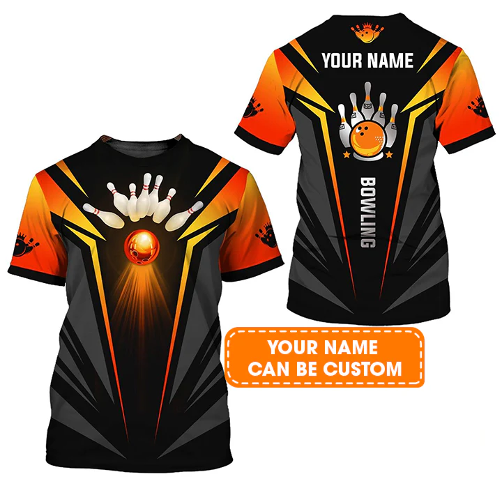 Bowling Custom Name T Shirt, The Orange Bowling Ball in Flames Personalized T-Shirt For Men, Perfect Gift For Bowling Lovers, Bowlers, Team, Friend - Image 2