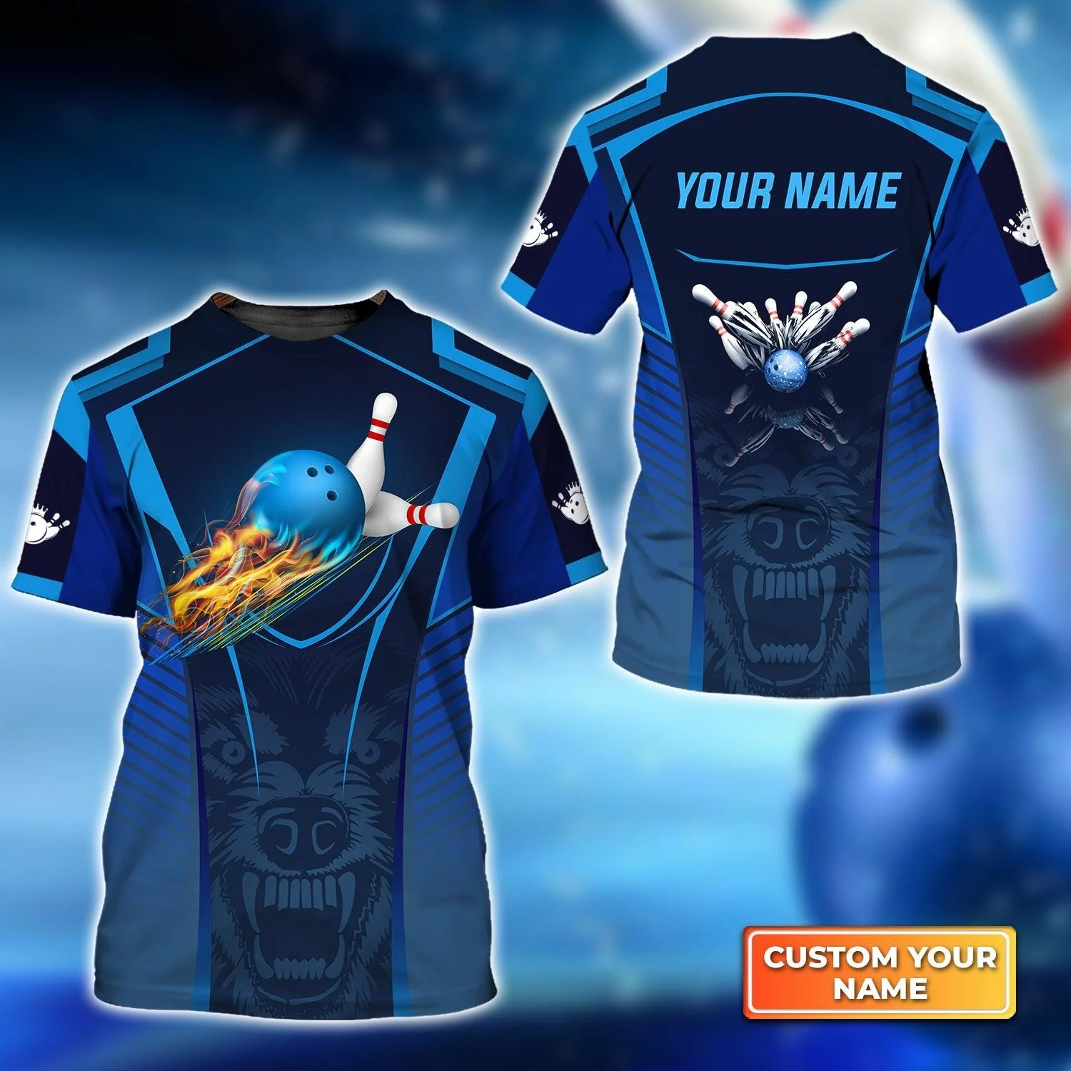 Bowling Custom Name T Shirt, The Wolf Blue Bowling Team Ball And Pins Personalized T-Shirt For Men, Gift For Bowling Lovers, Bowlers, Friend