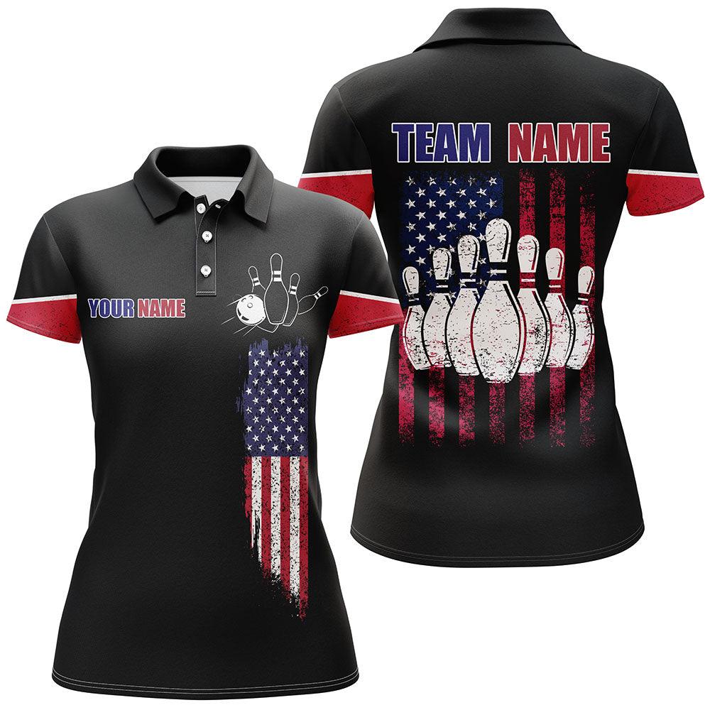 Bowling Custom Name & Team Women Polo Shirt - Bowling Personalized American Flag Polo Shirt For Female - Gift For Lady, Family, Bowling Lovers - Image 2