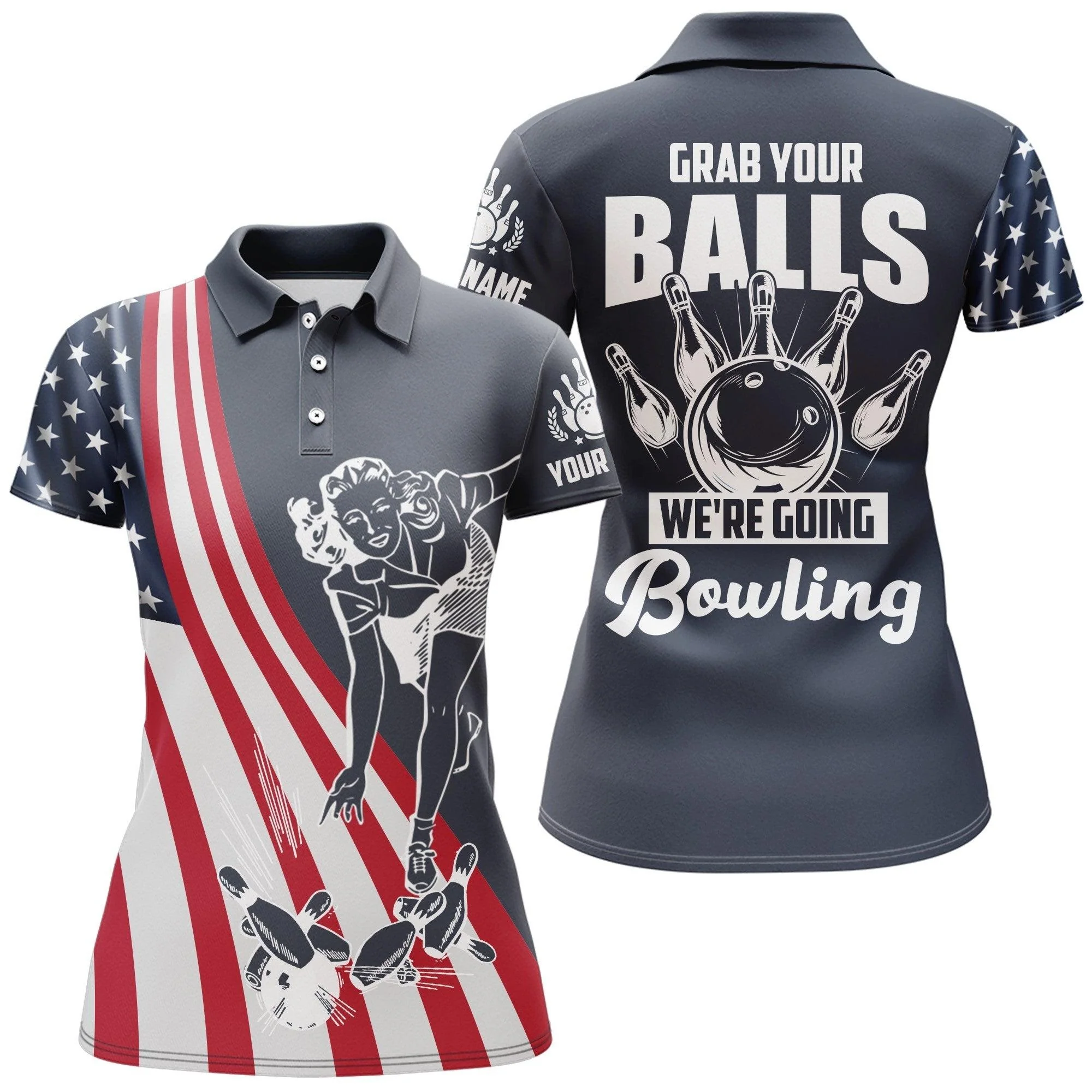 Bowling Custom Name Women Polo Shirt - American Flag, We're Going Bowling Personalized Bowling Polo Shirt - Gift For Friend, Family, Bowling Lovers - Image 4
