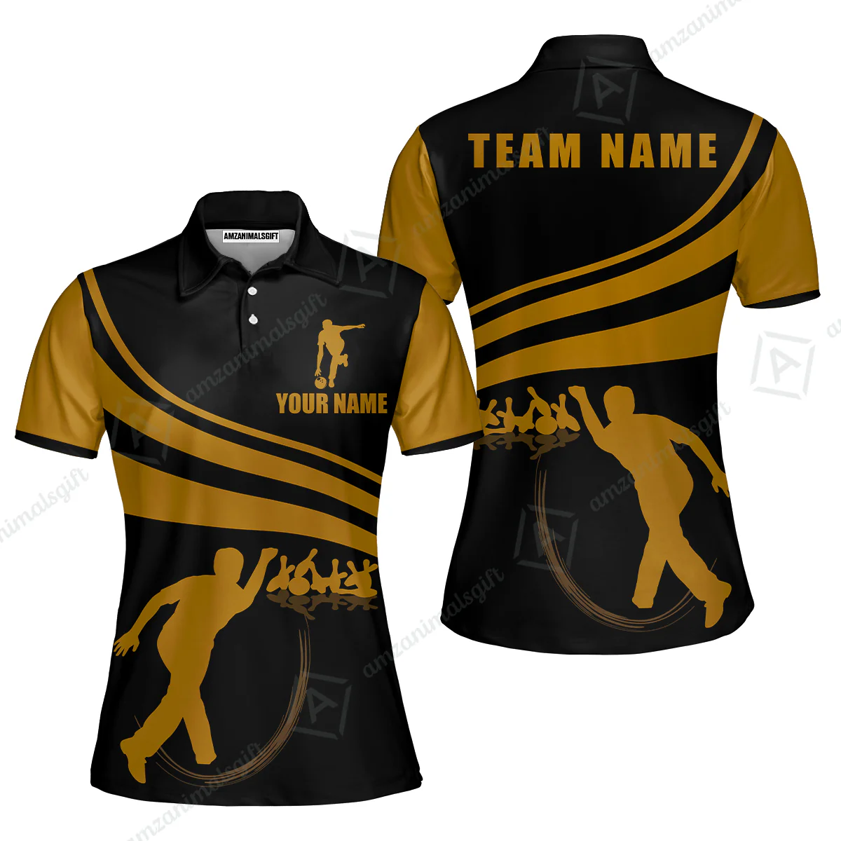 Bowling Custom Name Women Polo Shirt - Black and Gold Men Bowlers Personalized Women Polo Shirt - Image 2