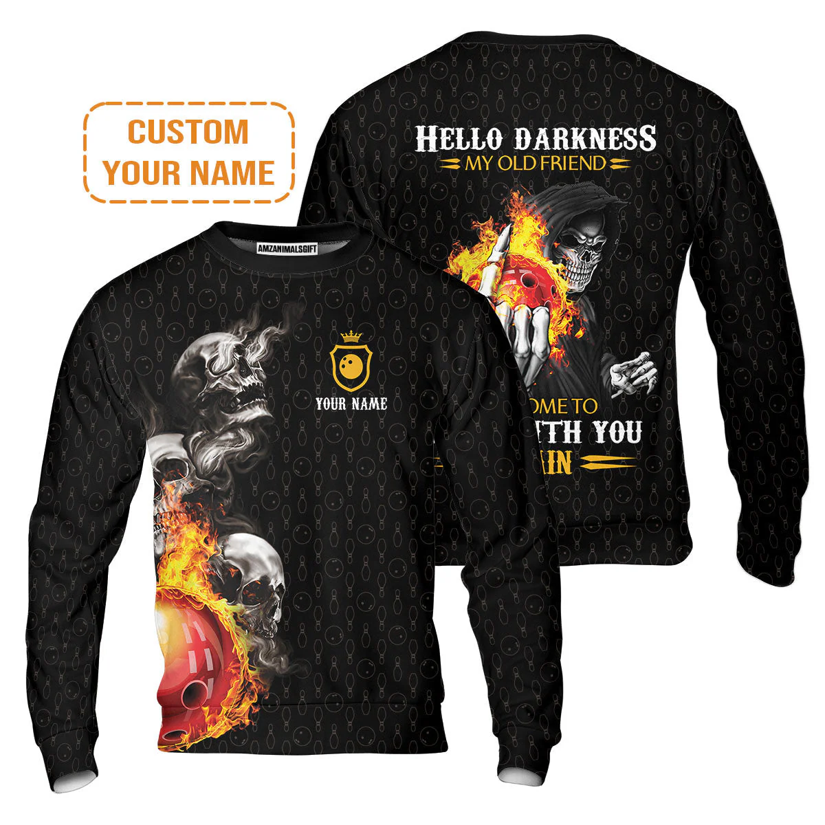 Bowling Custom Sweatshirt - Custom Name Bowling Skull Hello Darkness My Old Friend Personalized Bowling Sweatshirt - Image 2