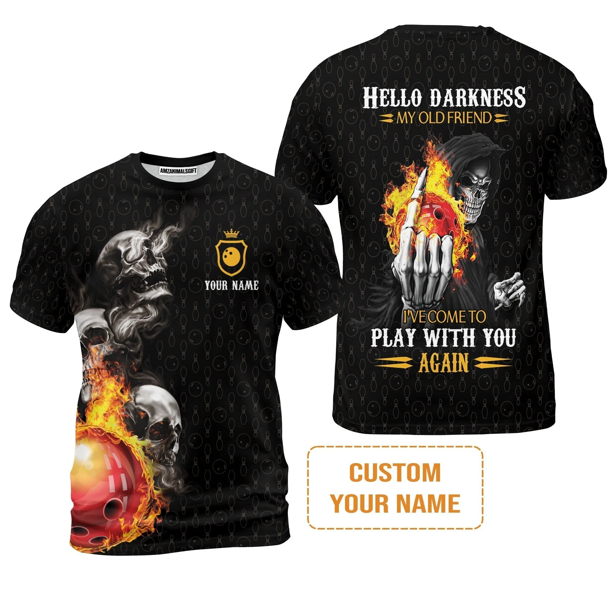 Bowling Custom T-Shirt - Custom Name Bowling Skull Hello Darkness My Old Friend Personalized Bowling T-Shirt - Image 2