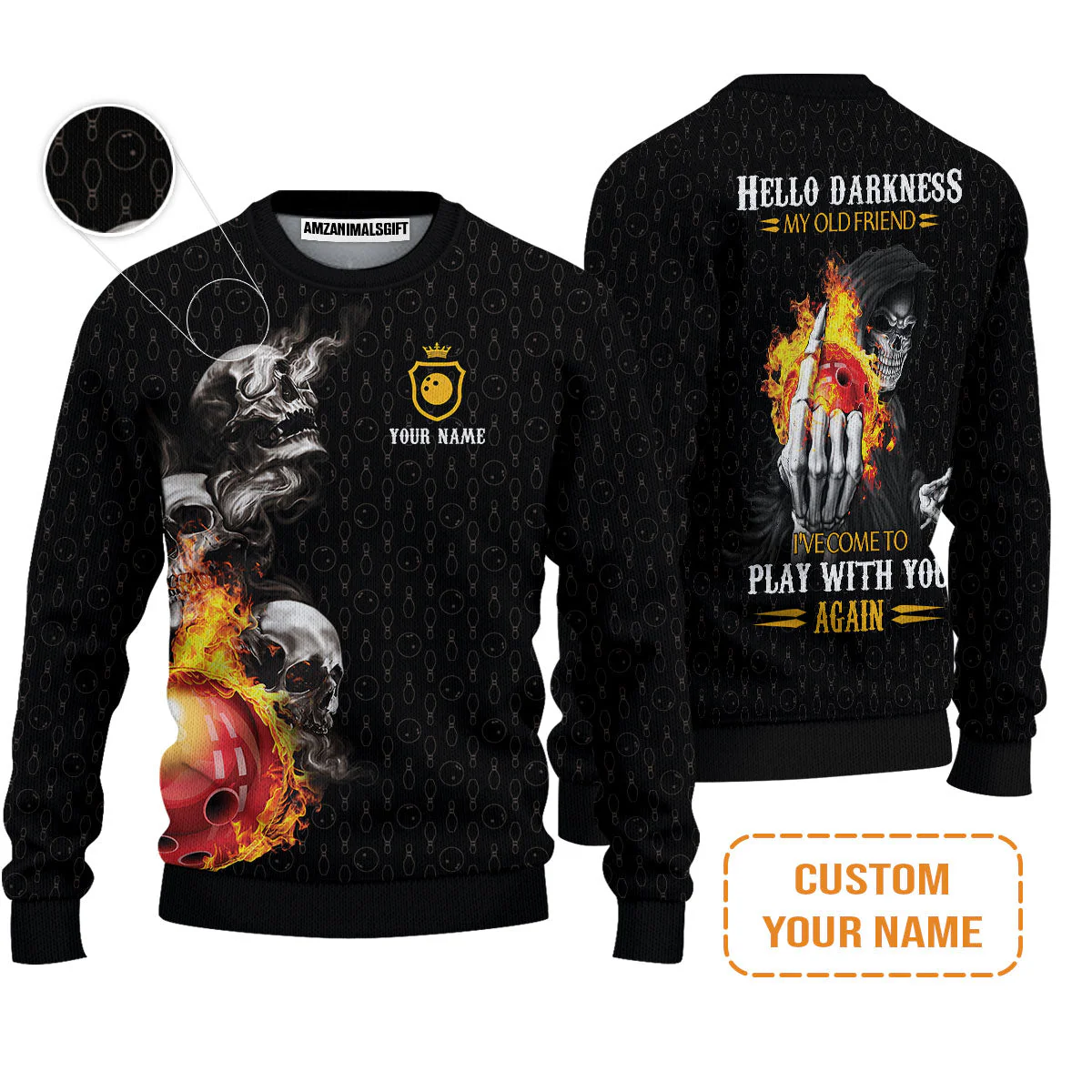 Bowling Custom T-Shirt - Custom Name Bowling Skull Hello Darkness My Old Friend Personalized Bowling T-Shirt - Image 5