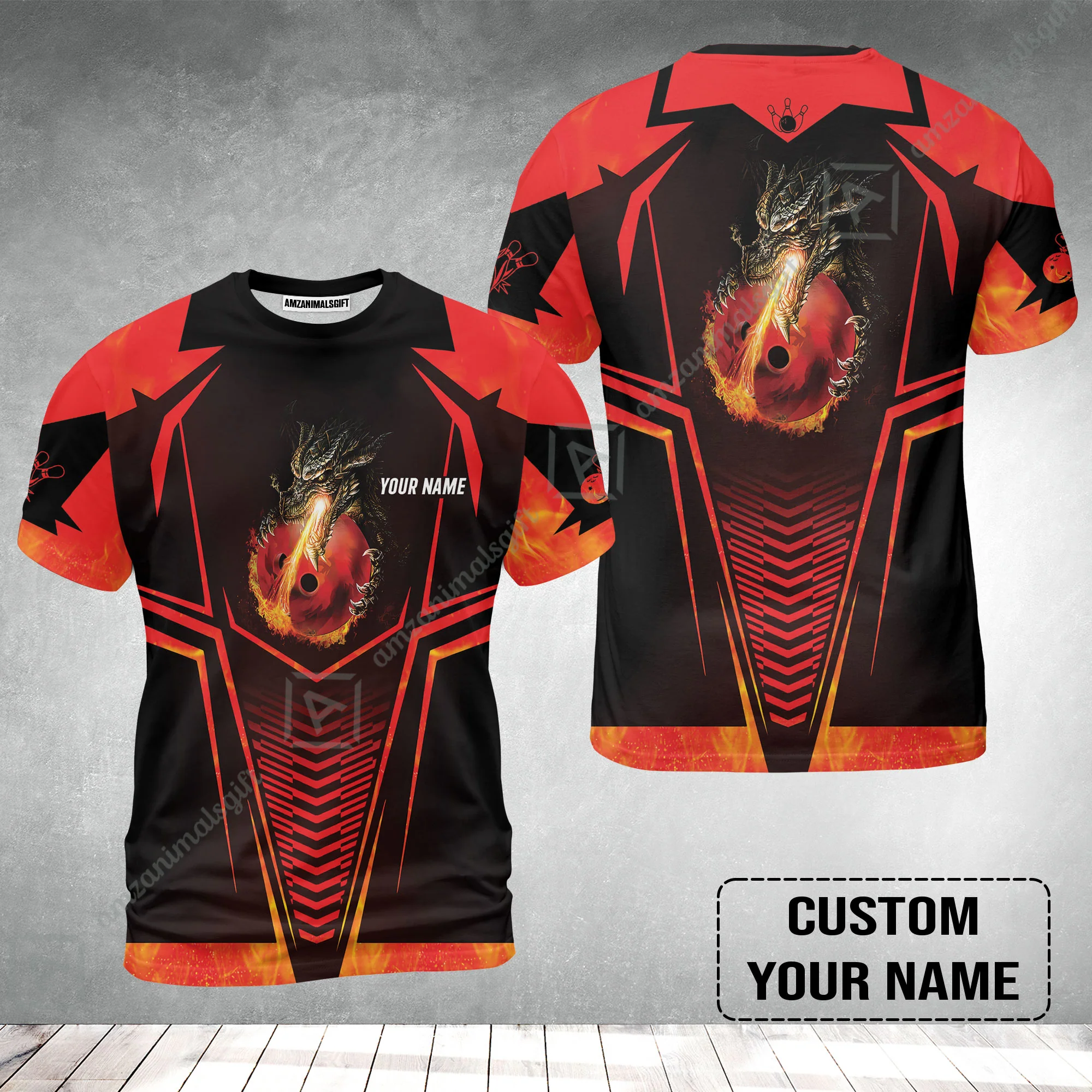 Bowling Custom T-Shirt, Custom Name Dragon Fire Flame Personalized Bowling T-Shirt - Image 2