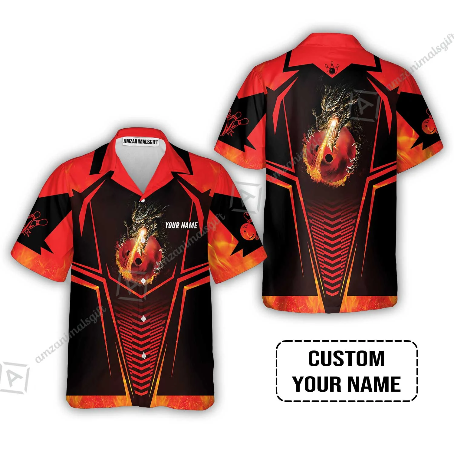 Bowling Custom T-Shirt, Custom Name Dragon Fire Flame Personalized Bowling T-Shirt - Image 4