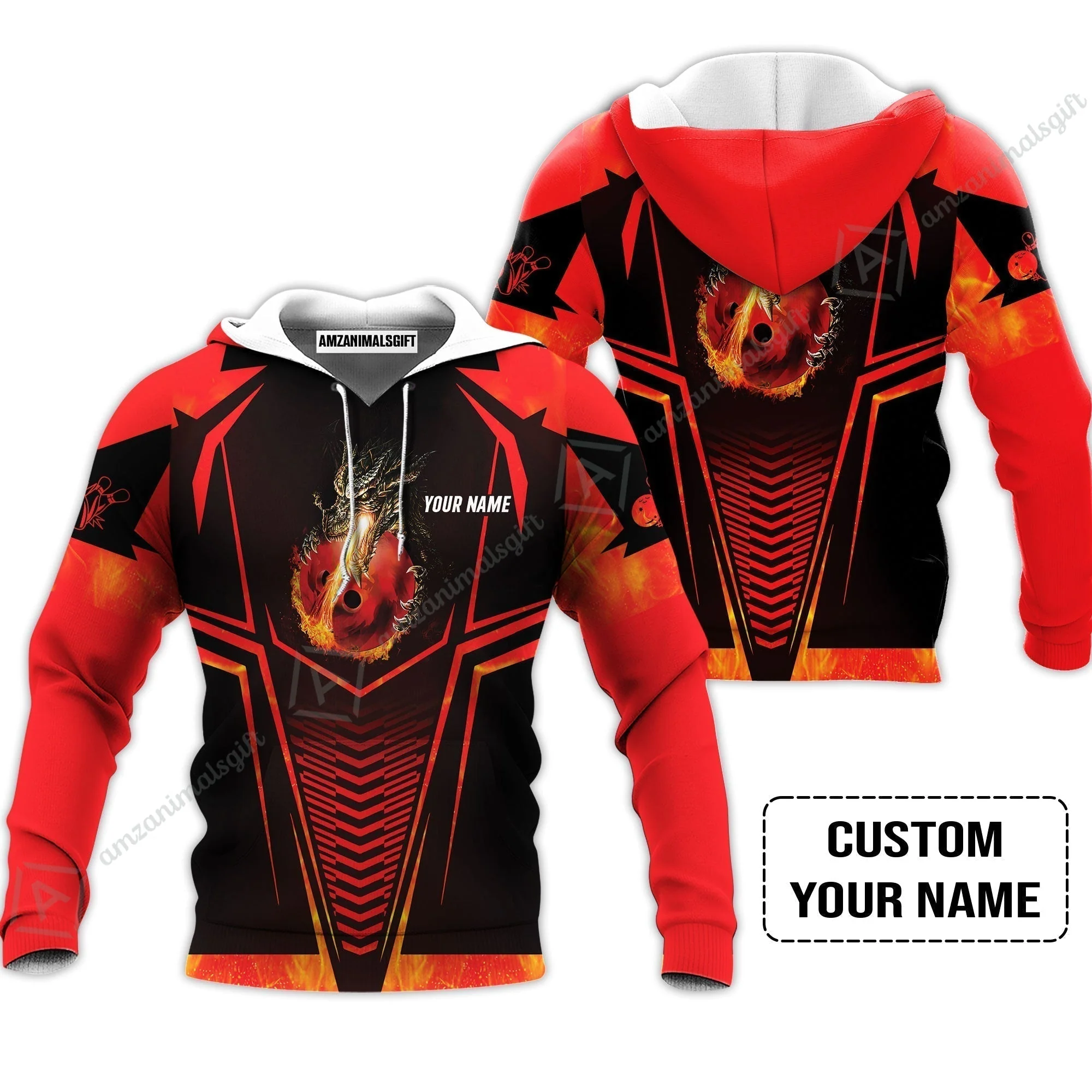 Bowling Custom T-Shirt, Custom Name Dragon Fire Flame Personalized Bowling T-Shirt - Image 5