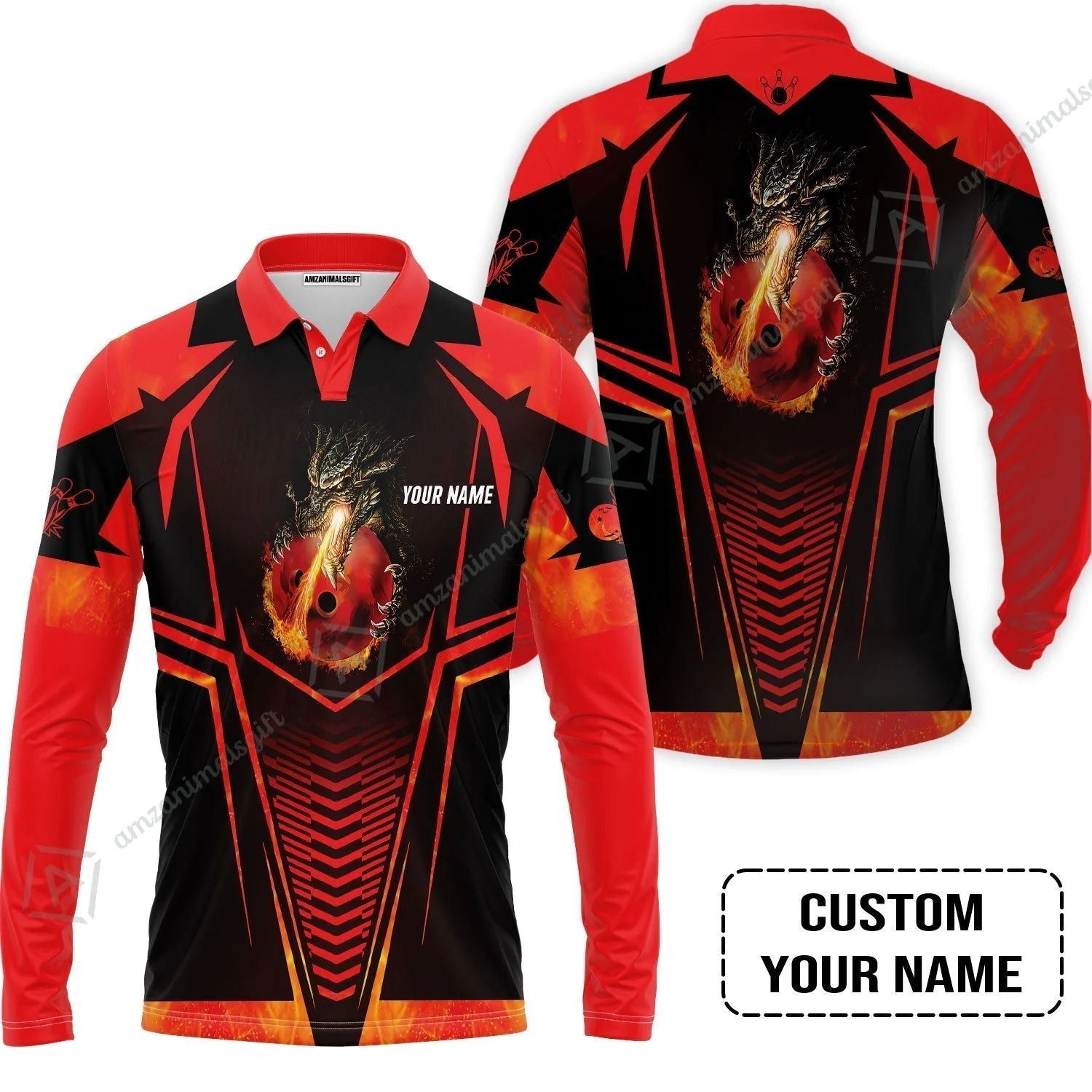 Bowling Custom T-Shirt, Custom Name Dragon Fire Flame Personalized Bowling T-Shirt - Image 7