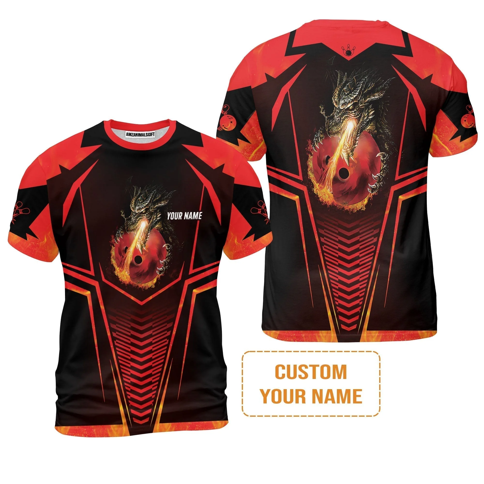 Bowling Custom T-Shirt - Custom Name Dragon Fire Flame Personalized Bowling T-Shirt - Image 2