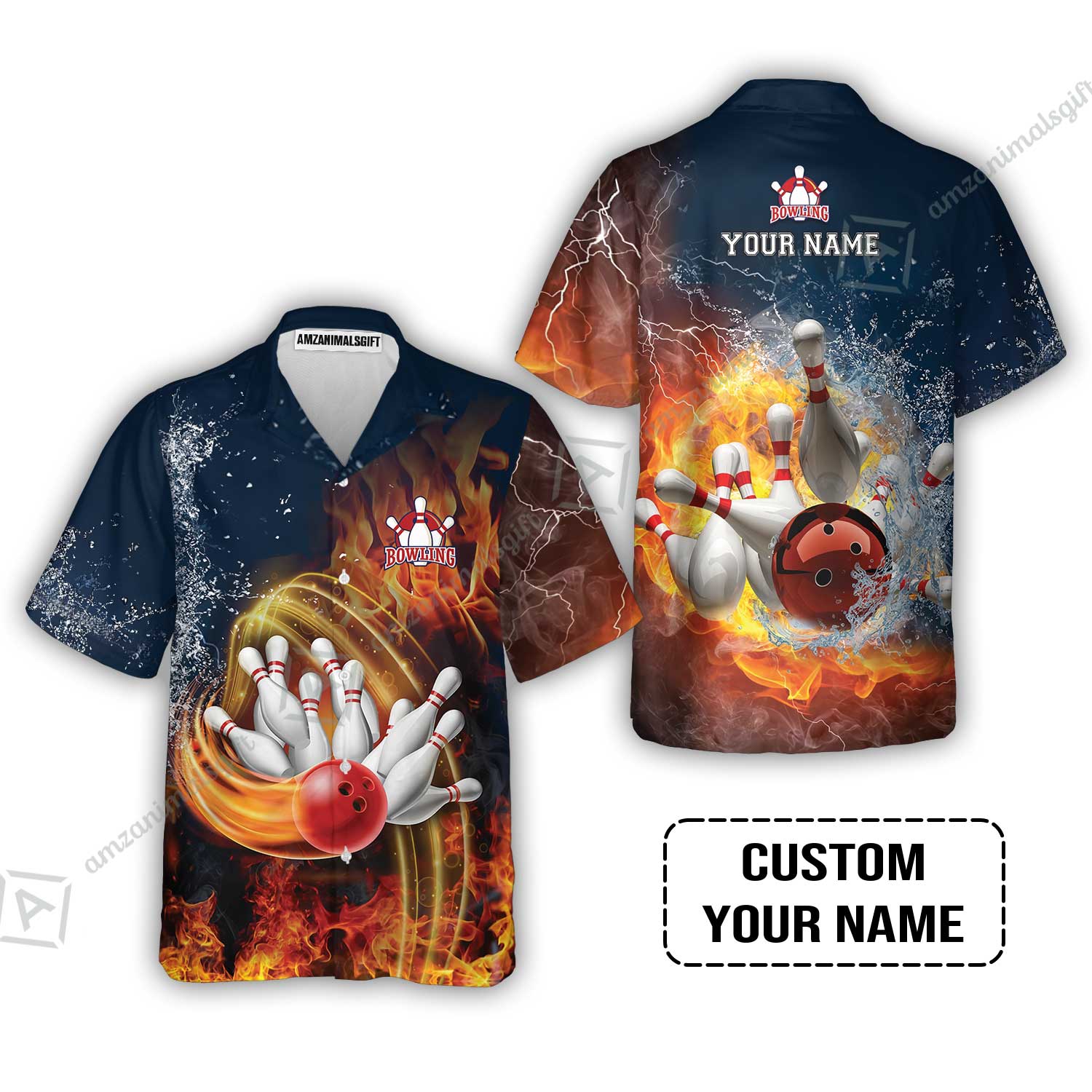 Bowling Custom T-Shirt - Custom Name Red Bowl And Pins In Water And Fire Personalized T-Shirt - Image 3
