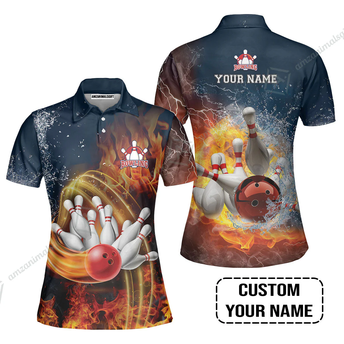 Bowling Custom T-Shirt - Custom Name Red Bowl And Pins In Water And Fire Personalized T-Shirt - Image 4