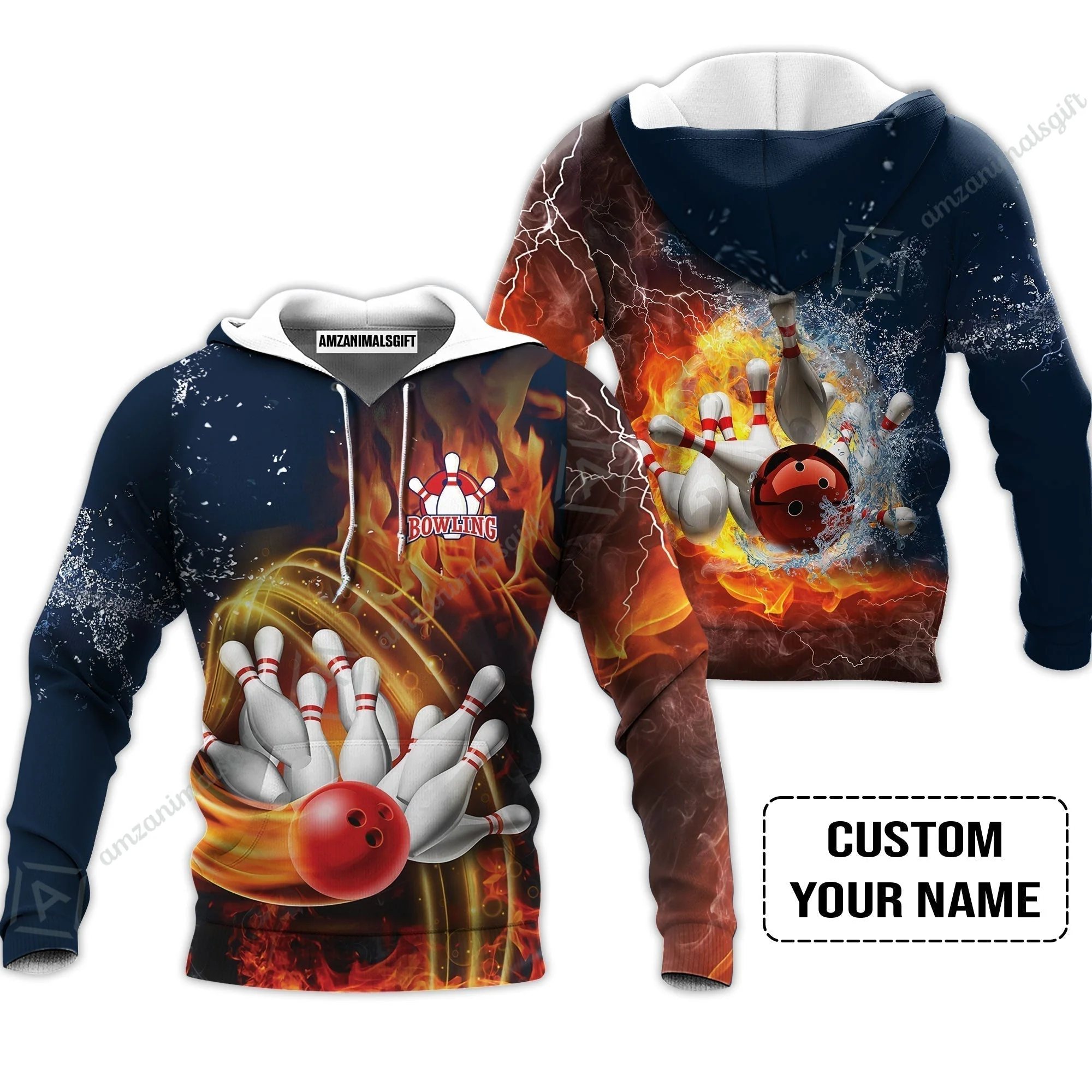 Bowling Custom T-Shirt - Custom Name Red Bowl And Pins In Water And Fire Personalized T-Shirt - Image 5