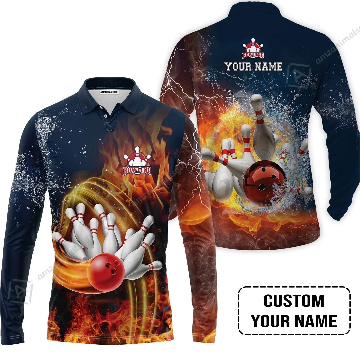 Bowling Custom T-Shirt - Custom Name Red Bowl And Pins In Water And Fire Personalized T-Shirt - Image 7