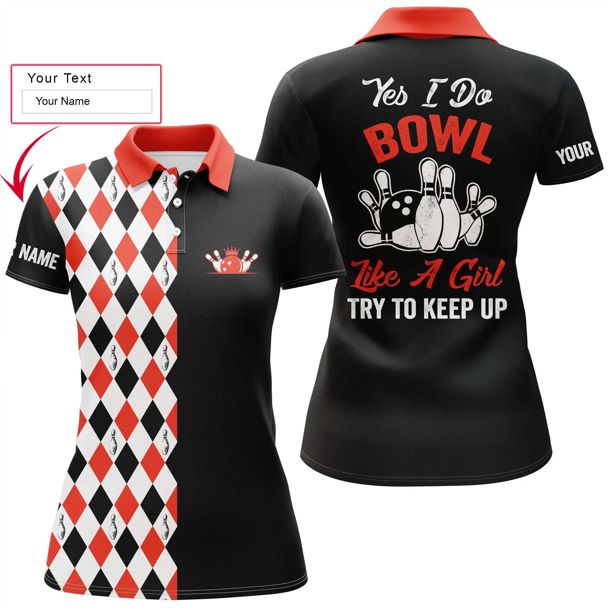 Bowling Custom Women Polo Shirt - Black Red Bowling Custom Name, Bowl Like A Girl Personalized Bowling Polo Shirt - Gift For Friend, Family, Bowling Lovers