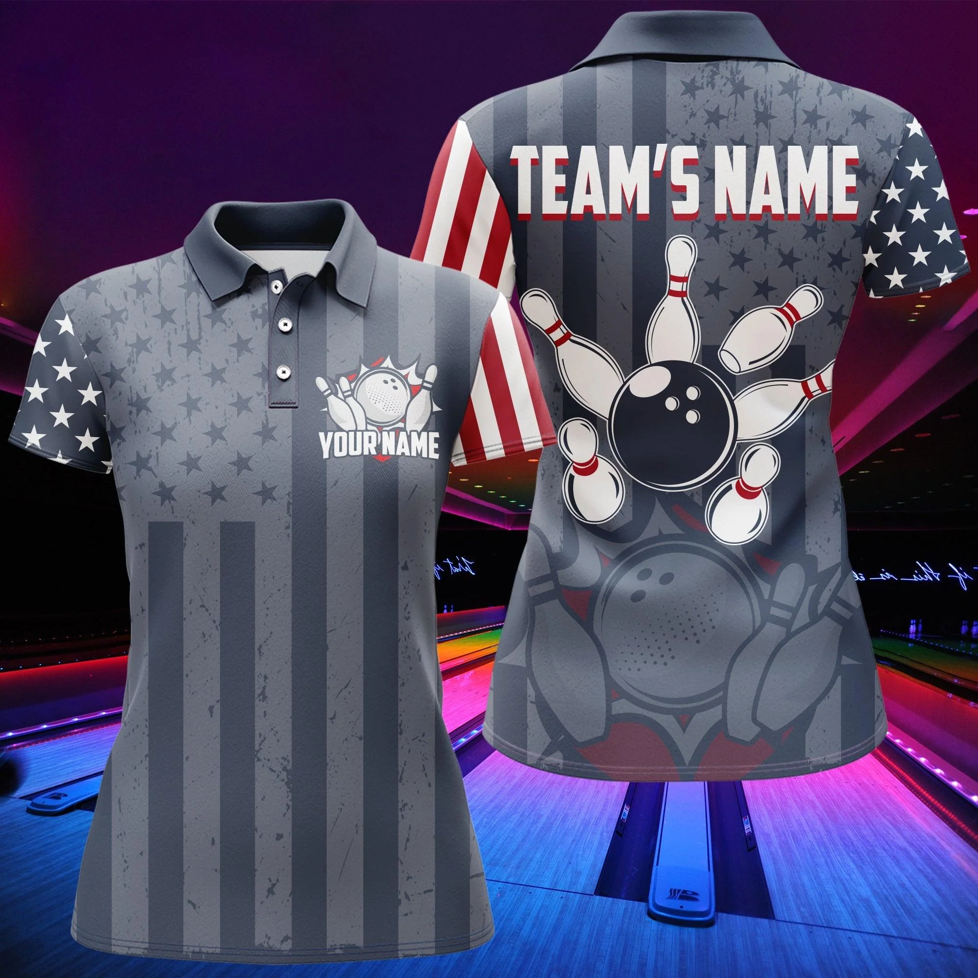 Bowling Custom Women Polo Shirt - Custom Name American Flag Bowling Patriotic Navy Personalized Bowling Polo Shirt - Gift For Friend, Family, Bowling Lovers - Image 5