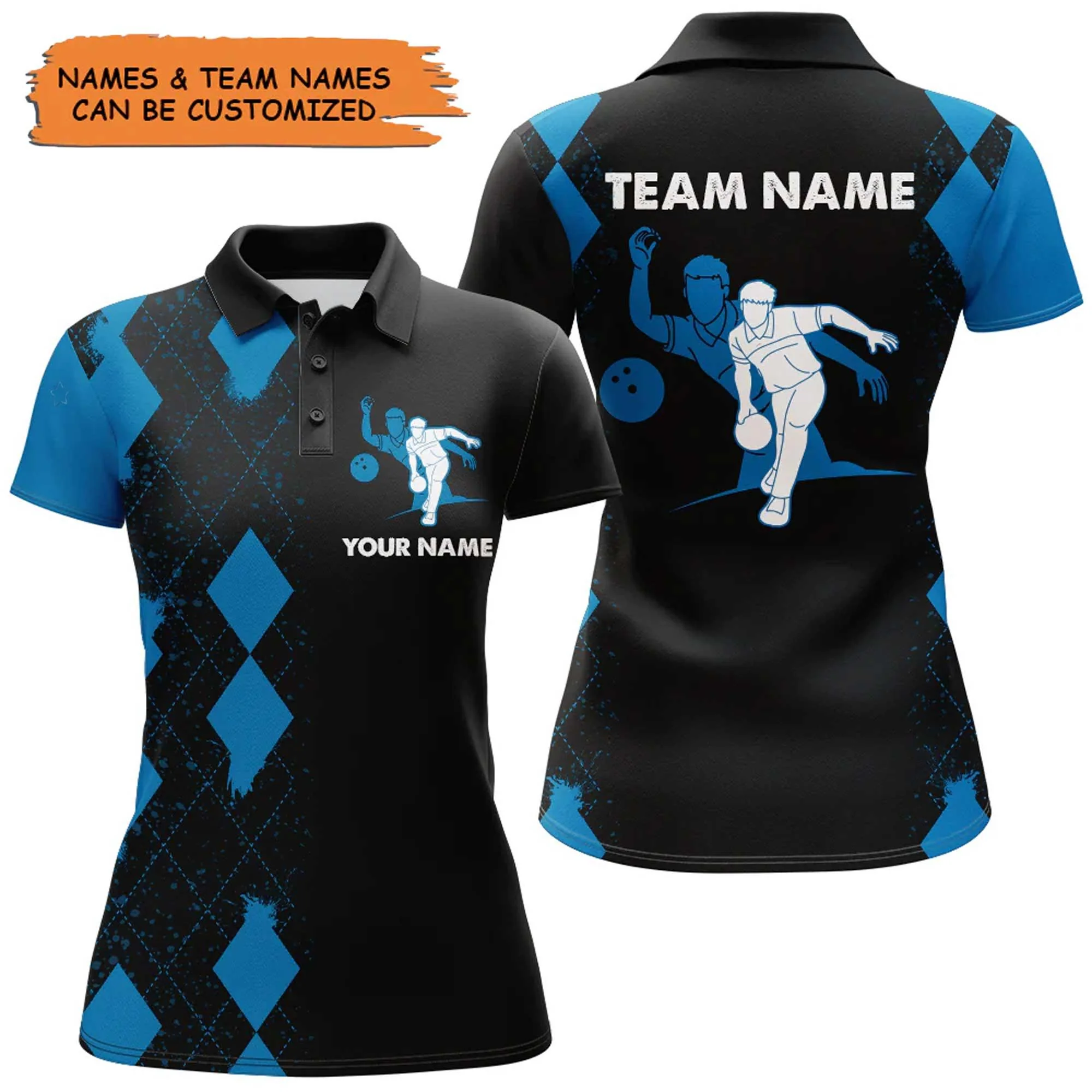 Bowling Custom Women Polo Shirt - Custom Name Blue Black Argyle Pattern Bowling Personalized Bowling Polo Shirt - Gift For Friend, Family, Bowling Lovers