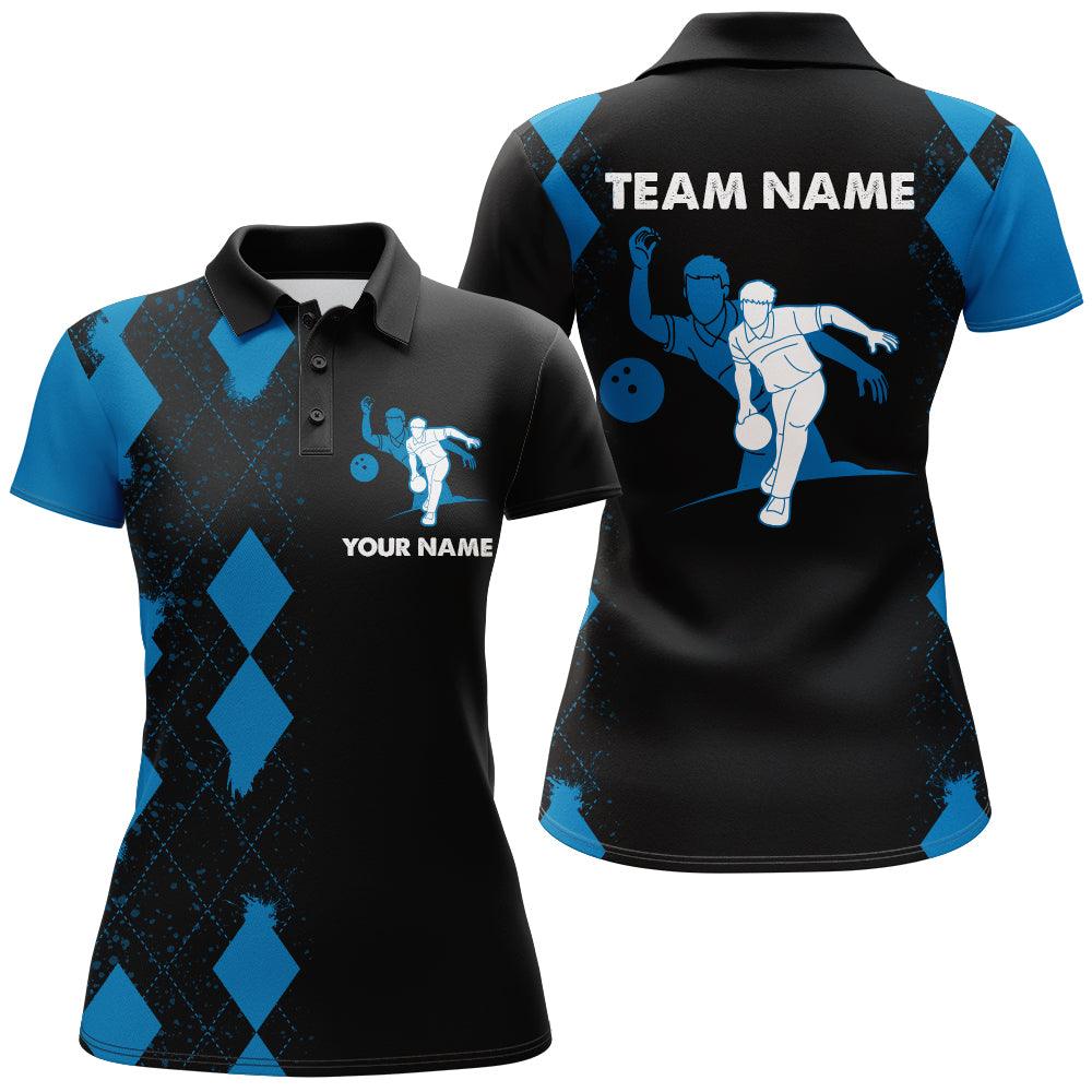 Bowling Custom Women Polo Shirt - Custom Name Blue Black Argyle Pattern Bowling Personalized Bowling Polo Shirt - Gift For Friend, Family, Bowling Lovers - Image 2