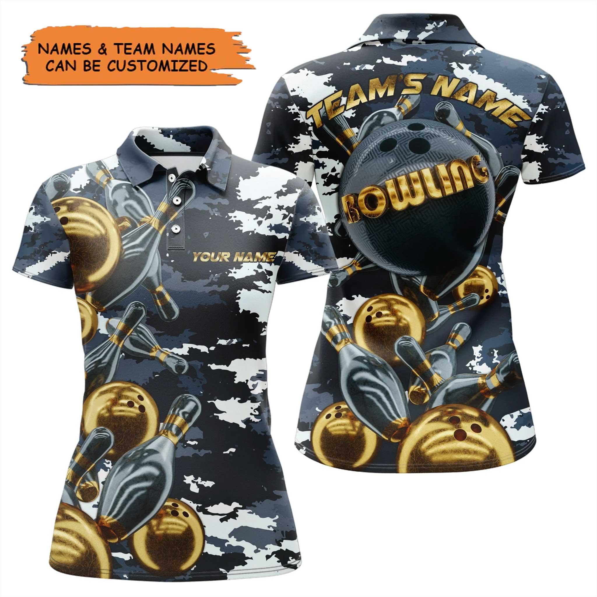 Bowling Custom Women Polo Shirt - Custom Name Camo Navy Bowling Personalized Bowling Polo Shirt - Gift For Friend, Family, Bowling Lovers