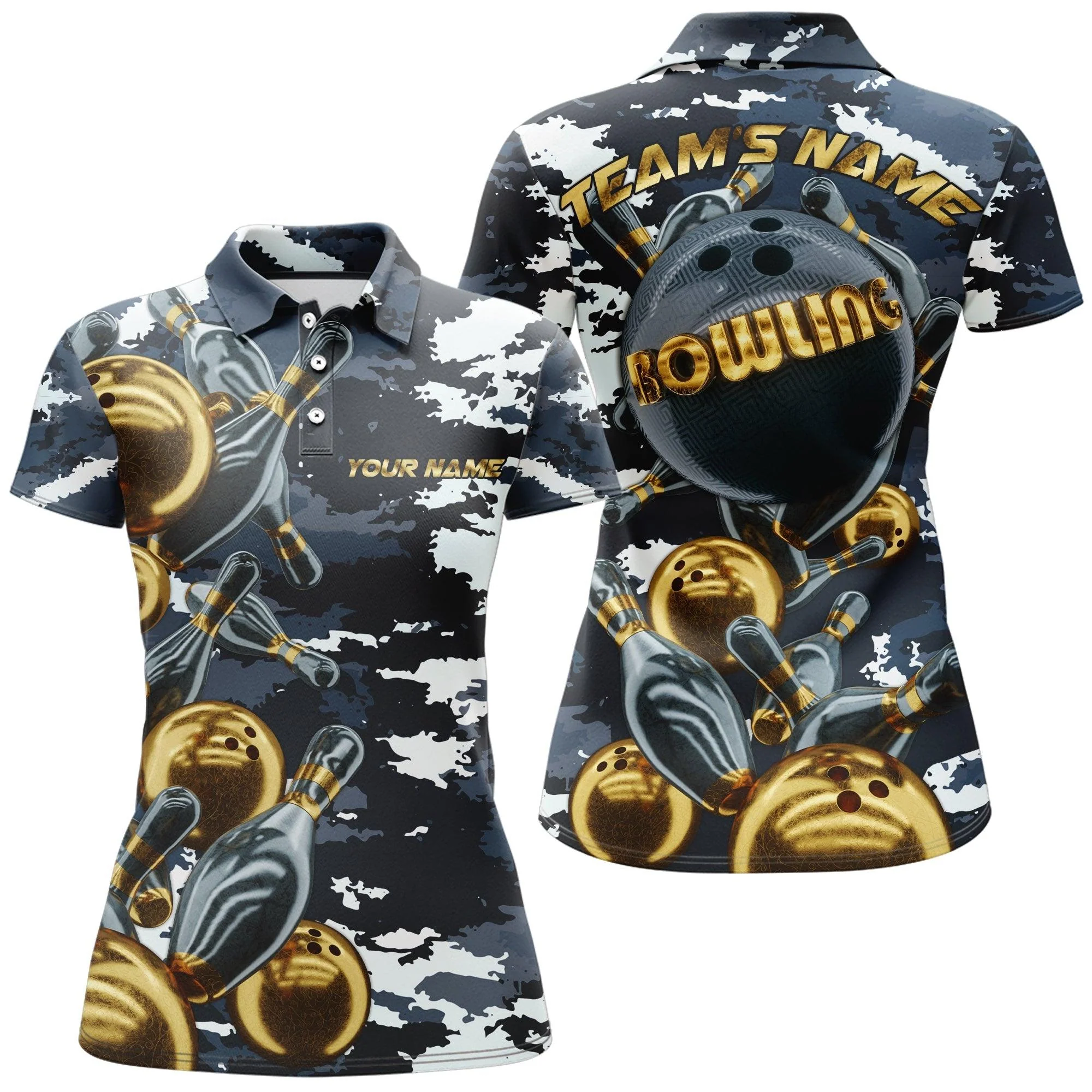 Bowling Custom Women Polo Shirt - Custom Name Camo Navy Bowling Personalized Bowling Polo Shirt - Gift For Friend, Family, Bowling Lovers - Image 2
