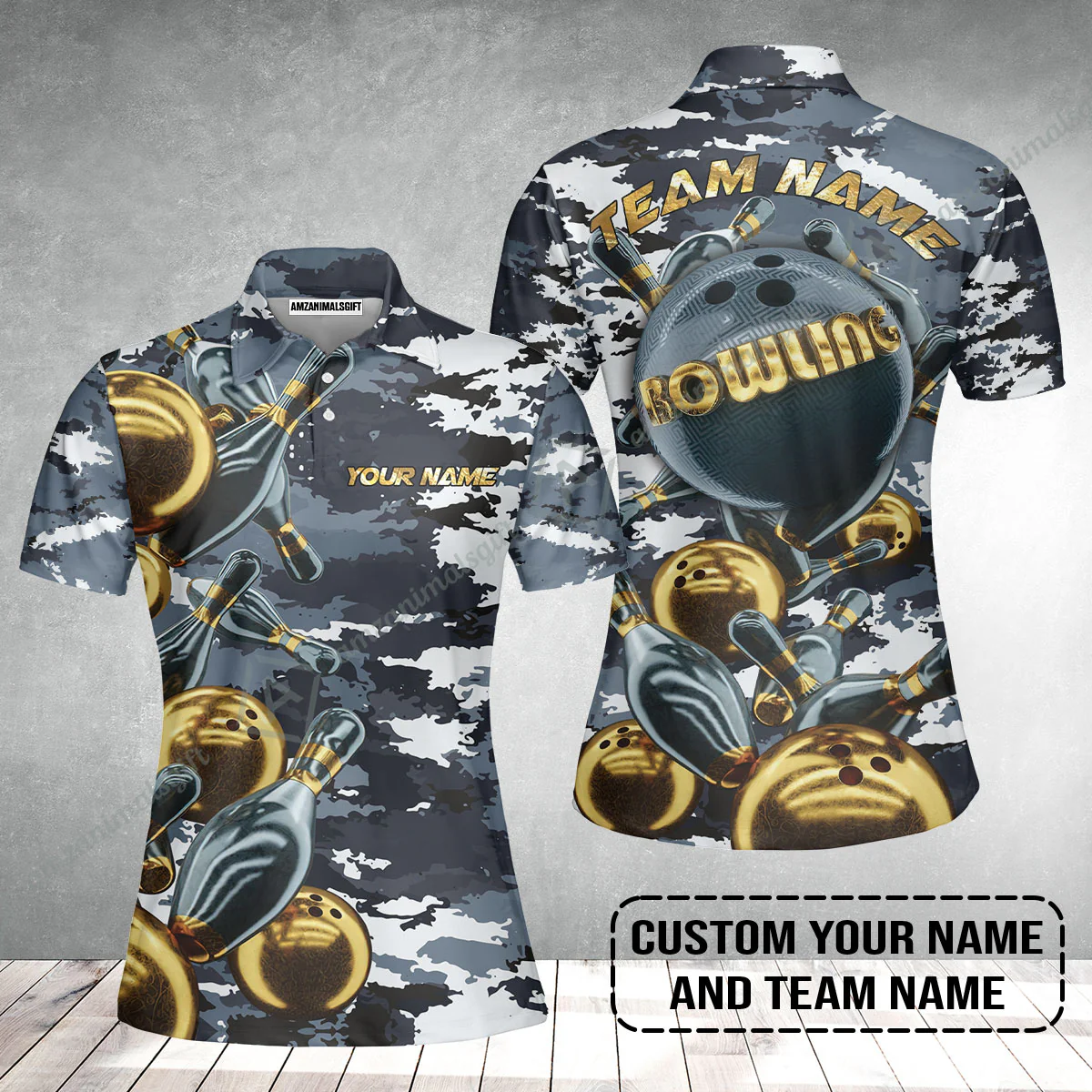 Bowling Custom Women Polo Shirt- Custom Name Camo Navy Personalized Bowling Women Polo Shirt - Image 2