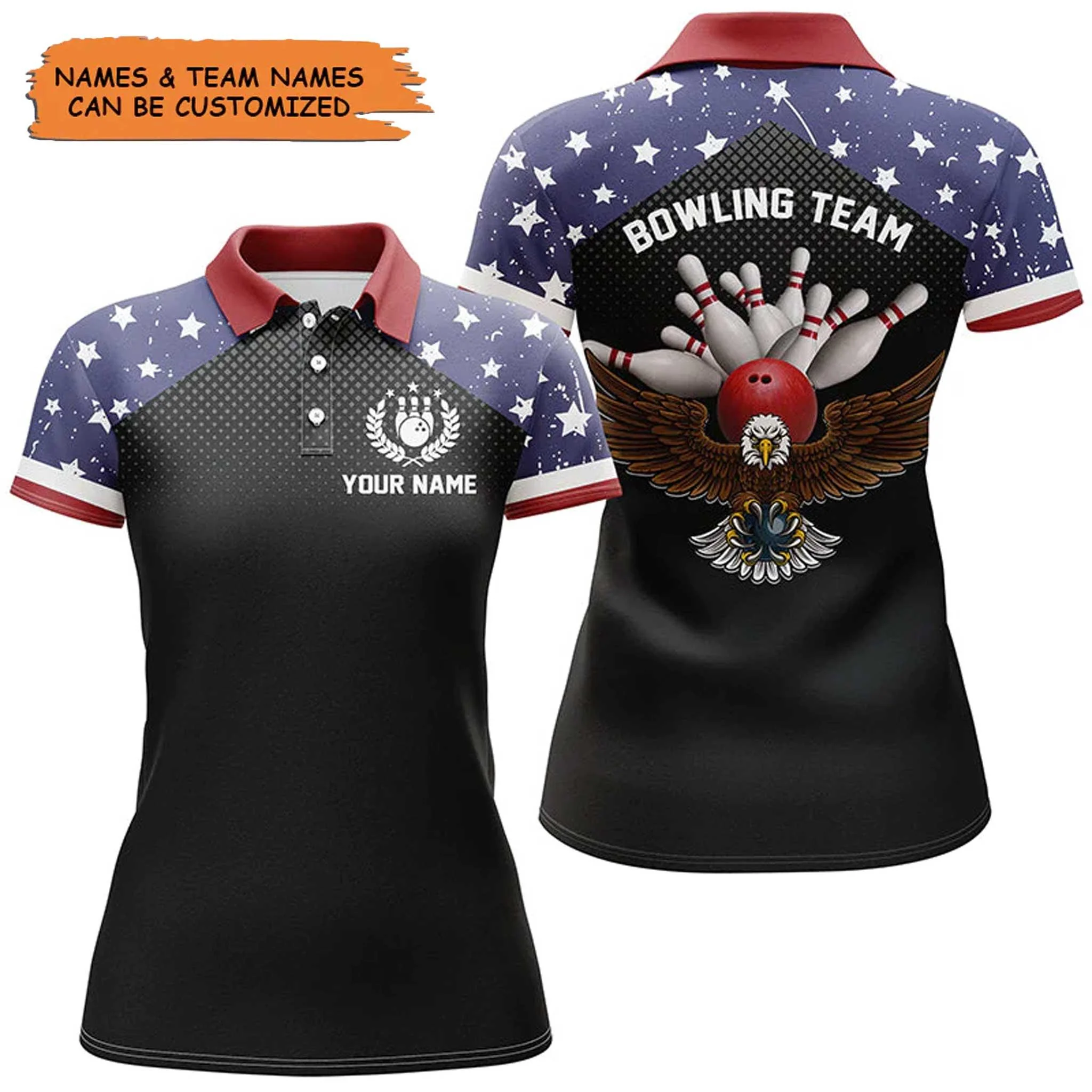 Bowling Custom Women Polo Shirt - Custom Name Eagle American Flag Patriot Bowling Personalized Bowling Polo Shirt - Gift For Friend, Family, Bowling Lovers