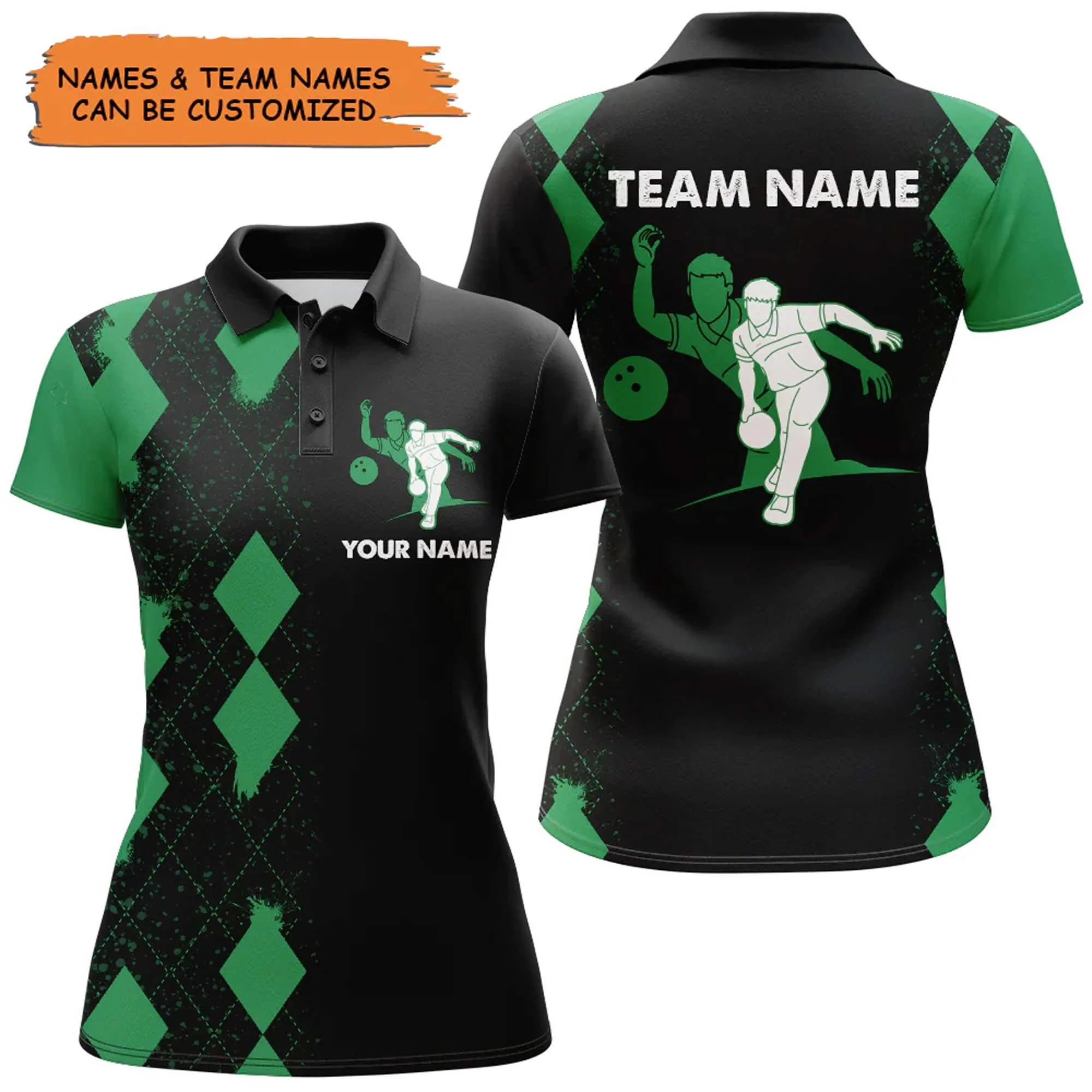 Bowling Custom Women Polo Shirt - Custom Name Green Black Argyle Pattern Personalized Bowling Polo Shirt - Gift For Friend, Family, Bowling Lovers