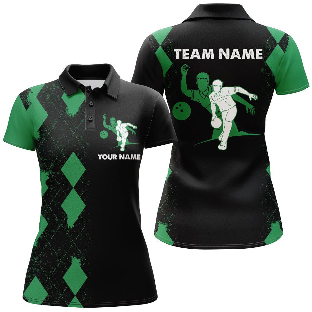 Bowling Custom Women Polo Shirt - Custom Name Green Black Argyle Pattern Personalized Bowling Polo Shirt - Gift For Friend, Family, Bowling Lovers - Image 2