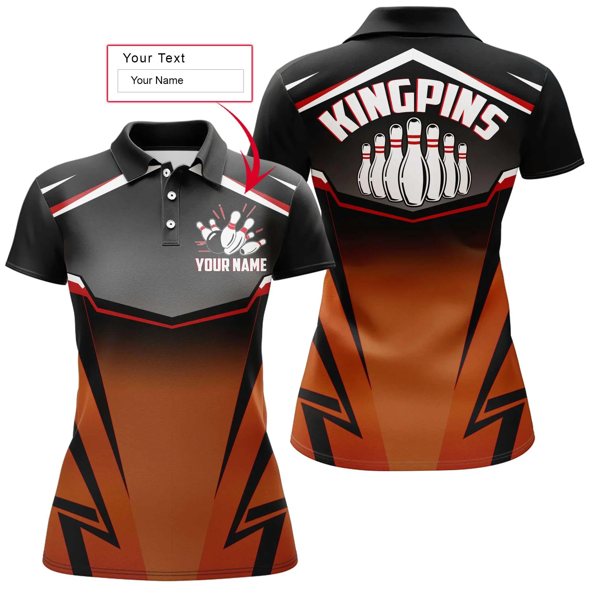 Bowling Custom Women Polo Shirt - Custom Name Kingpins Orange Bowling Personalized Bowling Polo Shirt - Gift For Friend, Family, Bowling Lovers