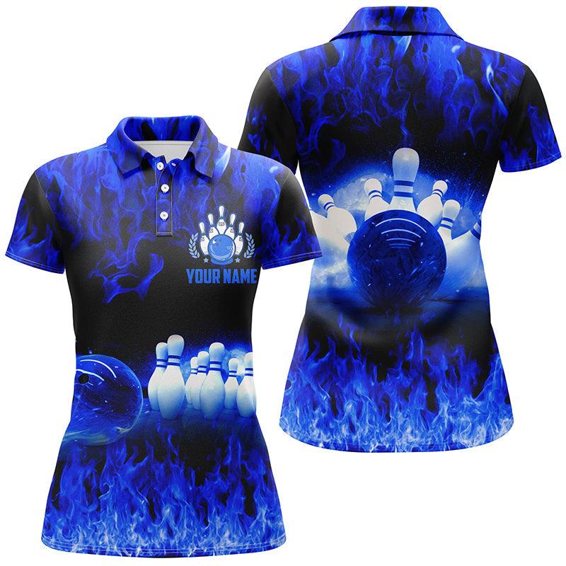 Bowling Custom Women Polo Shirt - Custom Name Polo Shirt, Blue Flame Personalized Bowling Polo Shirt - Gift For Friend, Family, Bowling Lovers - Image 2