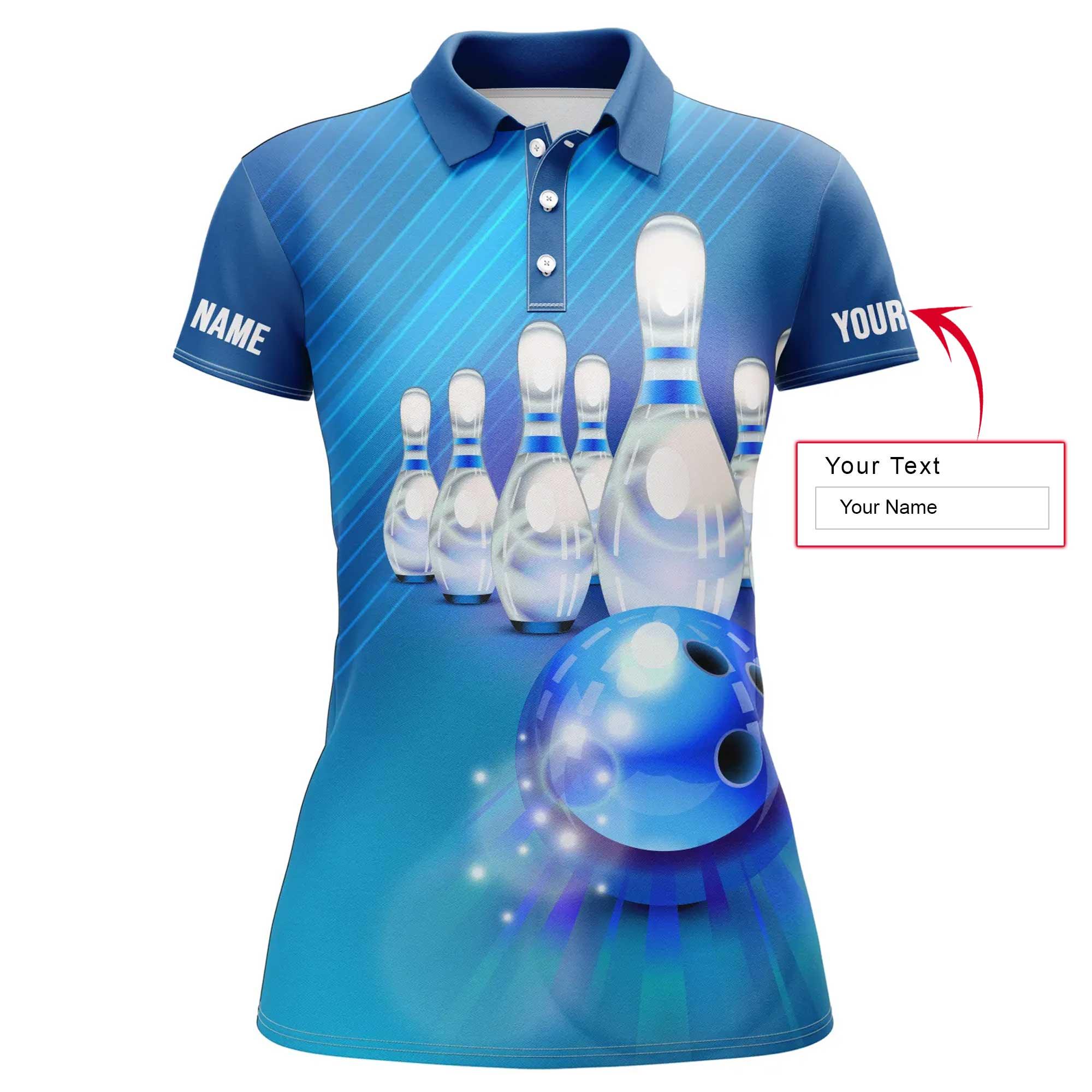 Bowling Custom Women Polo Shirt - Custom Name Polo Shirt, Blue White Pins Personalized Bowling Polo Shirt - Gift For Friend, Family, Bowling Lovers