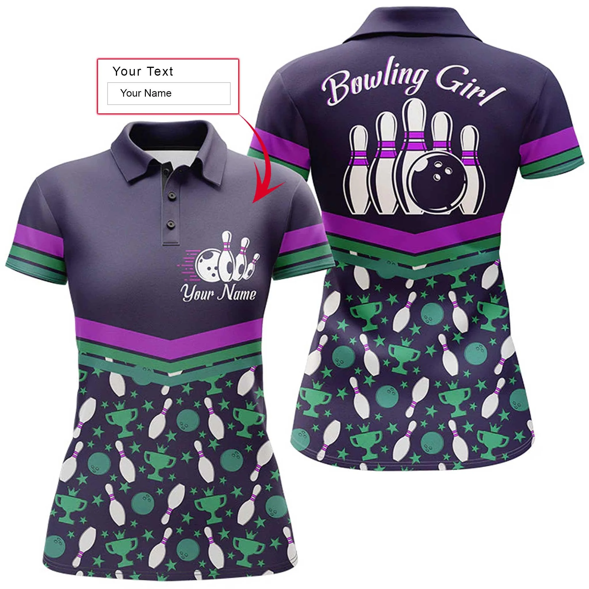 Bowling Custom Women Polo Shirt - Custom Name Polo Shirt, Bowling Girl Purple Personalized Bowling Polo Shirt - Gift For Friend, Family, Bowling Lovers