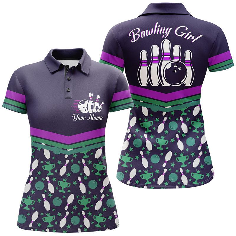 Bowling Custom Women Polo Shirt - Custom Name Polo Shirt, Bowling Girl Purple Personalized Bowling Polo Shirt - Gift For Friend, Family, Bowling Lovers - Image 2