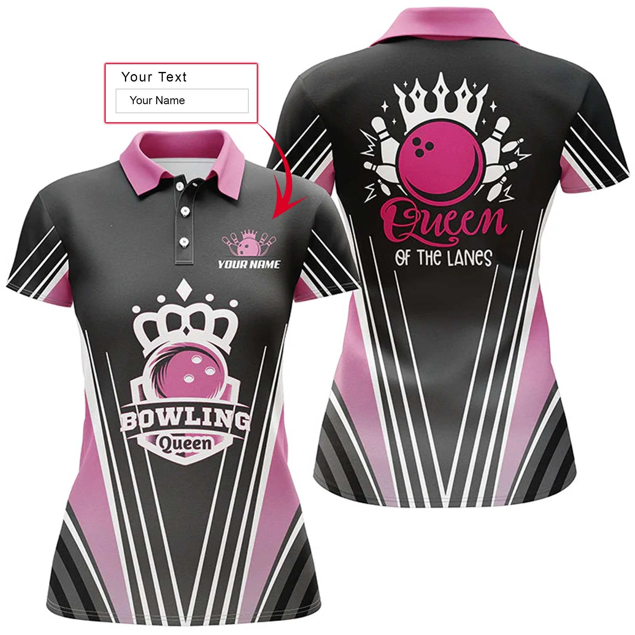 Bowling Custom Women Polo Shirt - Custom Name Queen Of The Lanes, Pink Bowling Personalized Bowling Polo Shirt - Gift For Friend, Family, Bowling Lovers