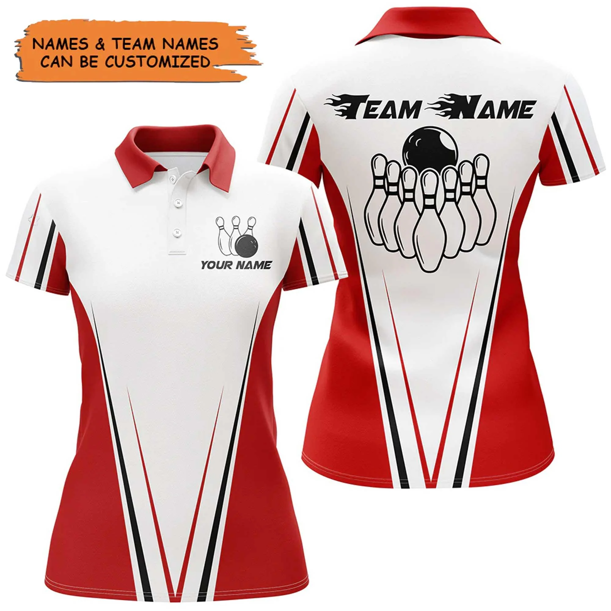 Bowling Custom Women Polo Shirt - Custom Name Red And White Bowling Personalized Bowling Polo Shirt - Gift For Friend, Family, Bowling Lovers