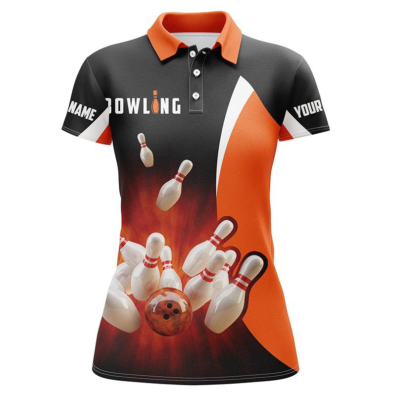Bowling Custom Women Polo Shirt - Custom Name Retro Black Orange Bowling Personalized Bowling Polo Shirt - Gift For Friend, Family, Bowling Lovers - Image 2