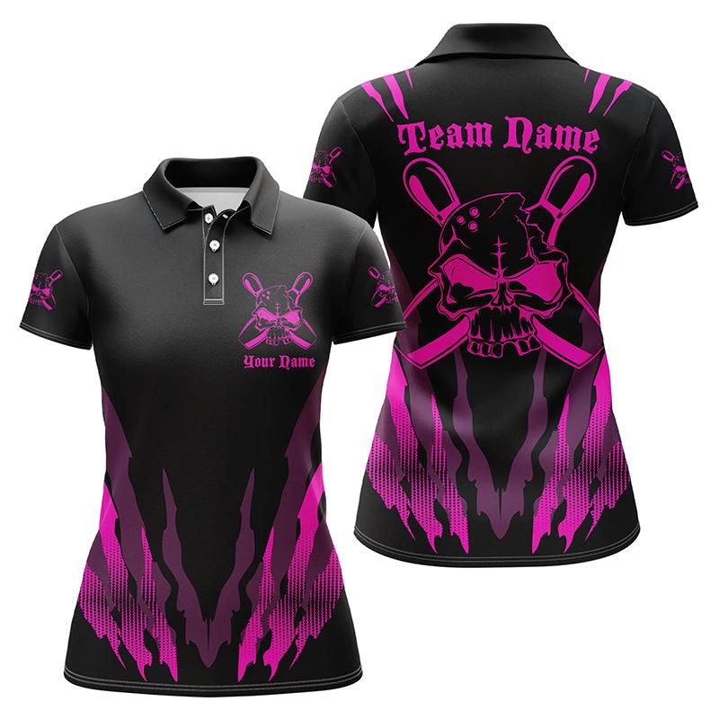 Bowling Custom Women Polo Shirt - Custom Name Skull Bowling Personalized Bowling Polo Shirt - Gift For Friend, Family, Bowling Lovers