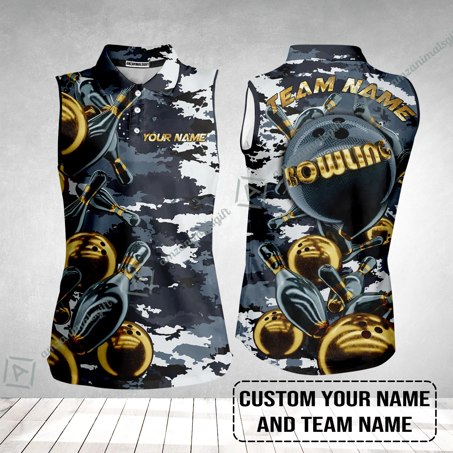 Bowling Custom Women Sleeveless Polo Shirt- Custom Name Camo Navy Personalized Bowling Women Sleeveless Polo Shirt - Image 2