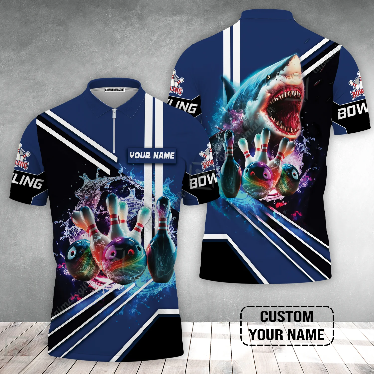 Bowling Custom Zip Polo Shirt - Custom Name Shark Team Rainbow Bowling Ball And Pins On Water Personalized Bowling Zip Polo Shirt - Image 2