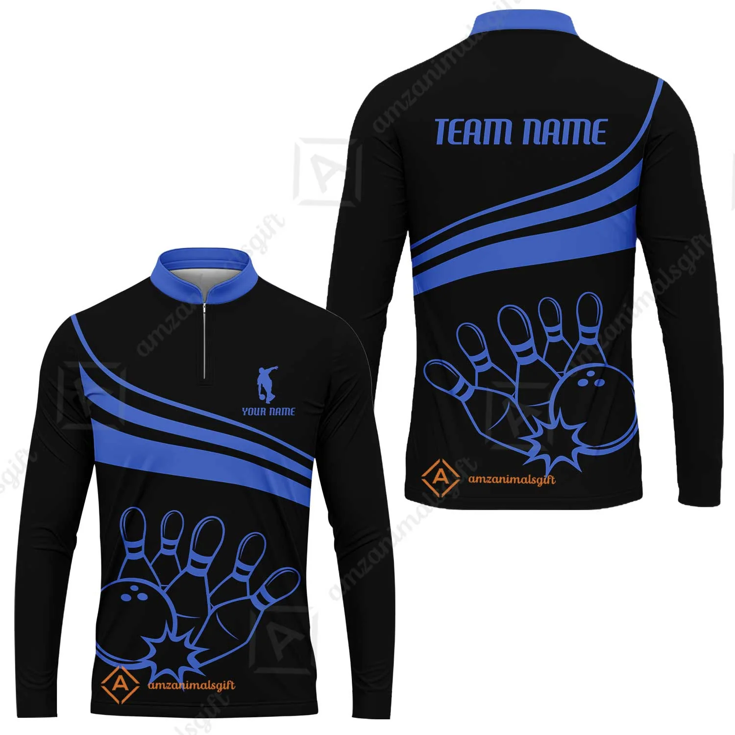 Bowling Customized Jersey Black Shirt Blue Curve Bowling Tenpin Quarter Zip Shirt, Outfit For Bowlers, Bowling Team - Image 14