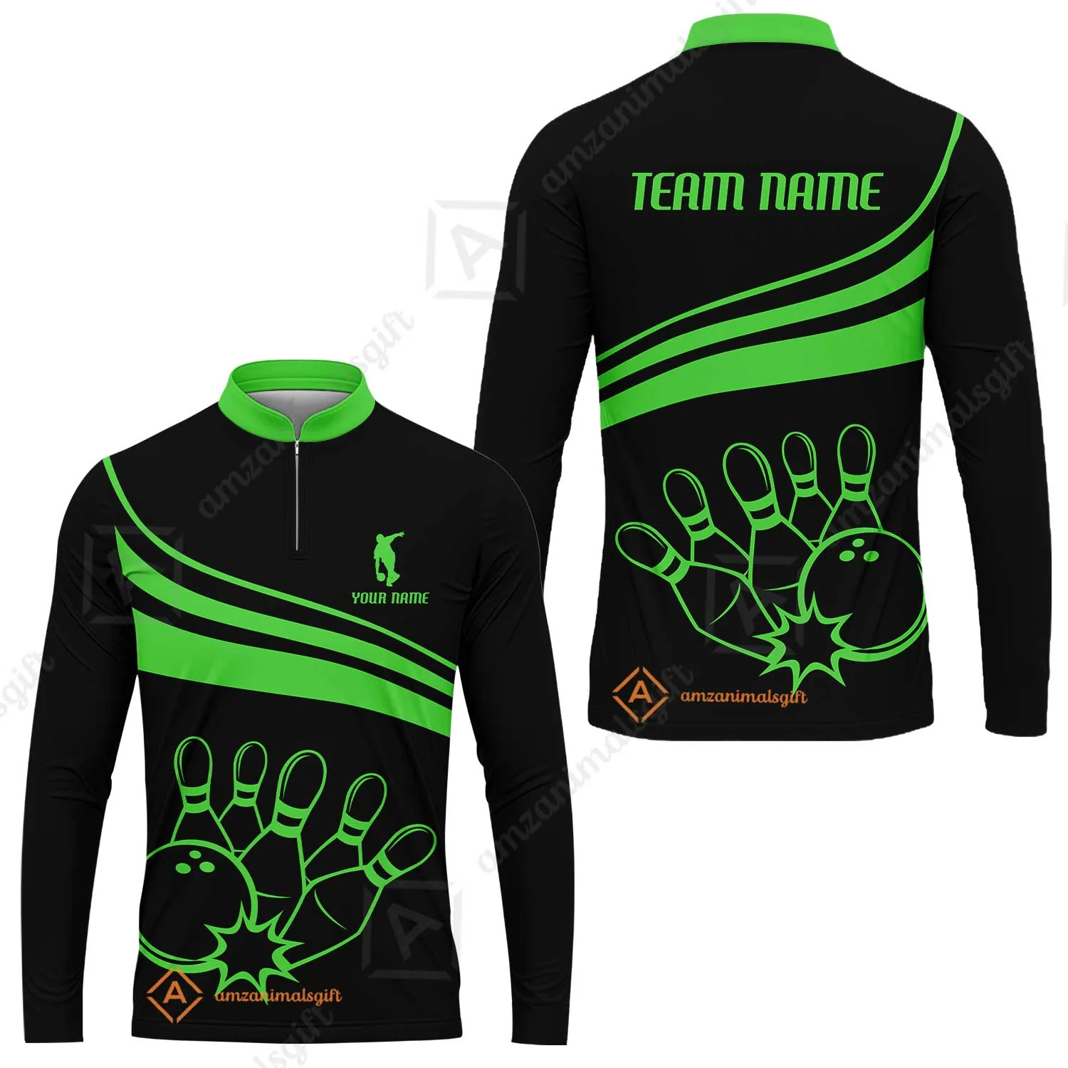 Bowling Customized Jersey Black Shirt Green Curve Bowling Tenpin Quarter Zip Shirt, Outfit For Bowlers, Bowling Team - Image 14