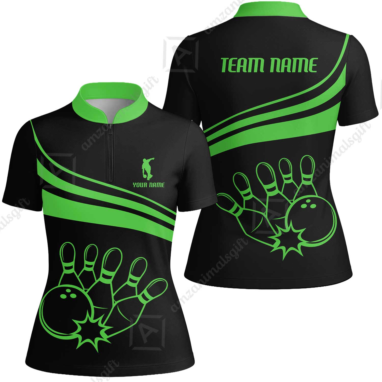 Bowling Customized Jersey Black Shirt Green Curve Bowling Tenpin Quarter Zip Shirt, Outfit For Bowlers, Bowling Team - Image 15