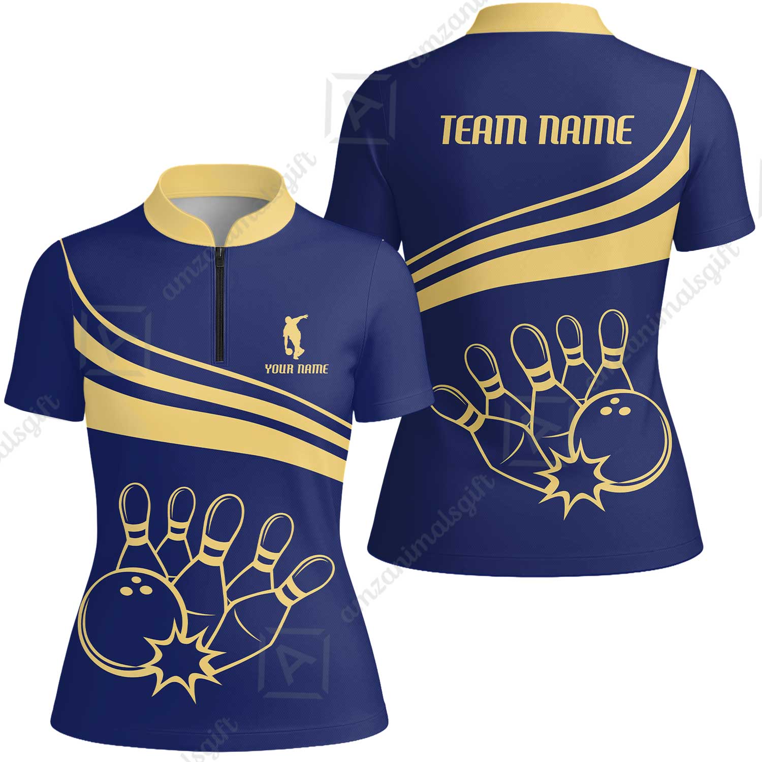 Bowling Customized Jersey Navy Shirt Gold Curve Bowling Tenpin Quarter Zip Shirt, Outfit For Bowlers, Bowling Team - Image 15