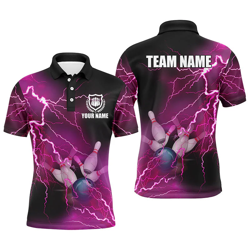 Bowling Customized Jersey Shirt Pink Lightning Thunder Tenpin Bowling Quarter Zip Shirt For Bowlers, Bowling Team - Image 2