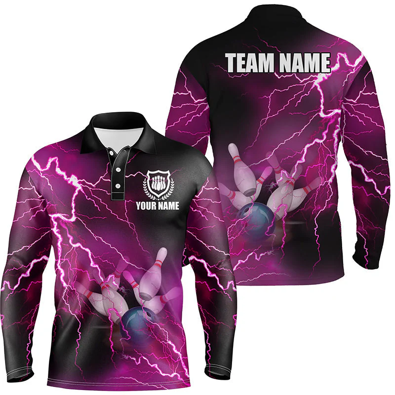 Bowling Customized Jersey Shirt Pink Lightning Thunder Tenpin Bowling Quarter Zip Shirt For Bowlers, Bowling Team - Image 3