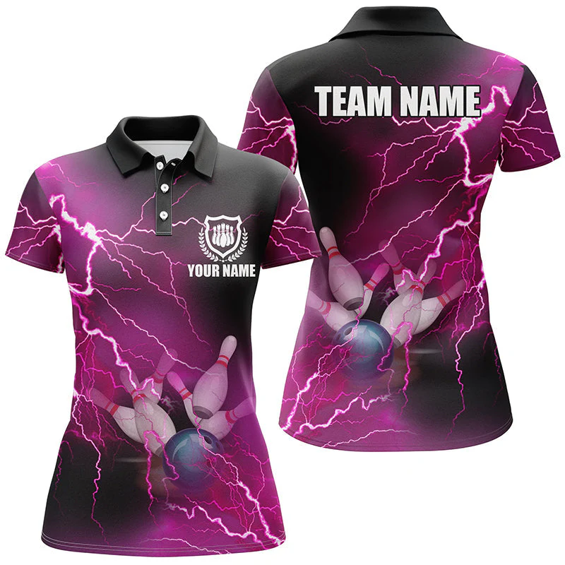 Bowling Customized Jersey Shirt Pink Lightning Thunder Tenpin Bowling Quarter Zip Shirt For Bowlers, Bowling Team - Image 4