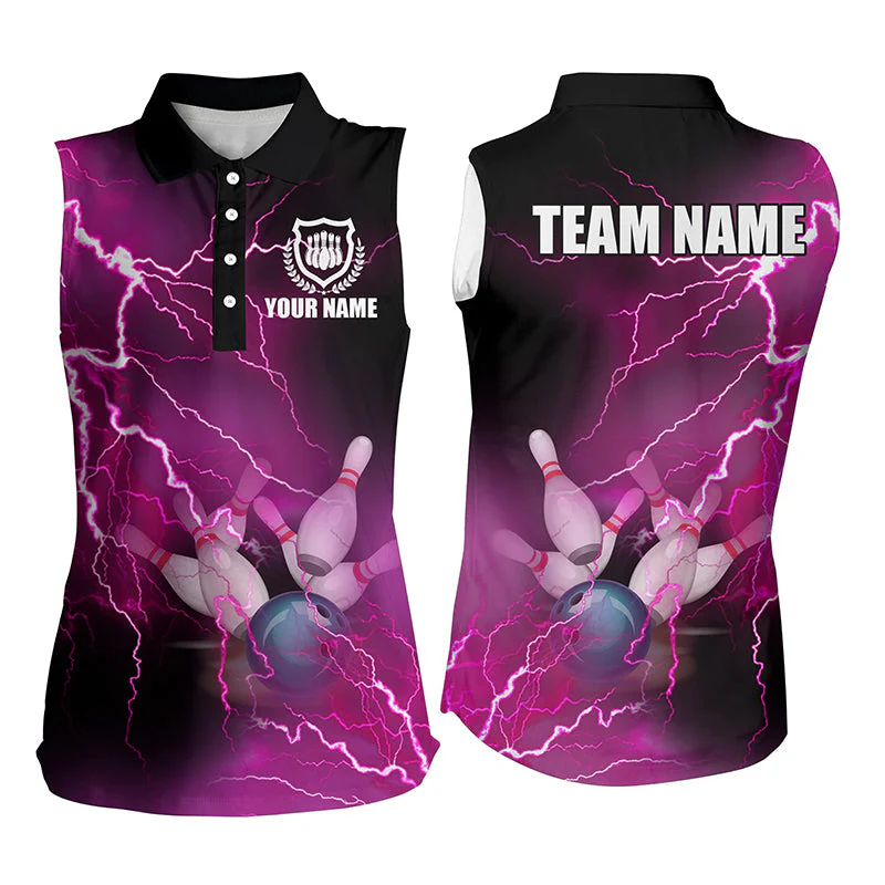 Bowling Customized Jersey Shirt Pink Lightning Thunder Tenpin Bowling Quarter Zip Shirt For Bowlers, Bowling Team - Image 5