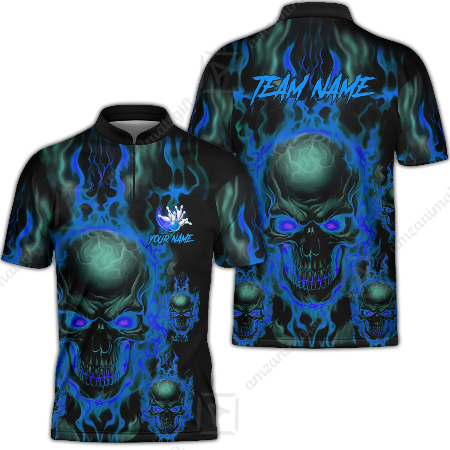 Bowling Customized Jersey Shirt Purple Flame Skull Bowling Tenpin Quarter Zip Shirt, Outfit For Bowlers, Bowling Team - Image 12