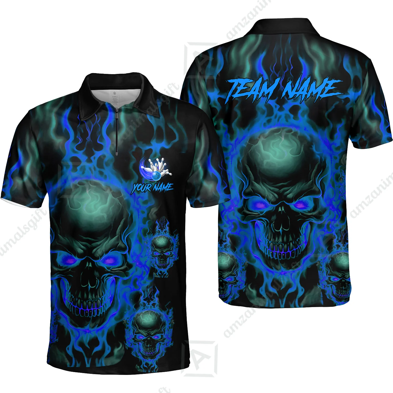 Bowling Customized Jersey Shirt Purple Flame Skull Bowling Tenpin Quarter Zip Shirt, Outfit For Bowlers, Bowling Team - Image 13